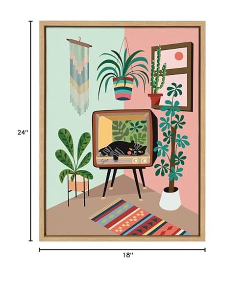Kate and Laurel Sylvie TV Cat Bed Framed Canvas Wall Art by Rachel Lee of My Dream Wall, 18x24 Natural, Decorative Calming Midcentury Art Print for Wall