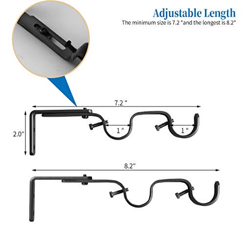 Heavy Duty Adjustable Double Curtain Rod Brackets for 1 Inch Rods, 2 Pack