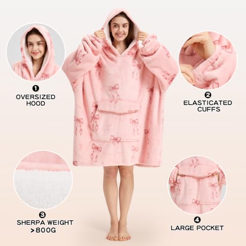 Pink Bow Wearable Blanket Hoodie Oversized Sherpa Sweatshirt for Women Men
