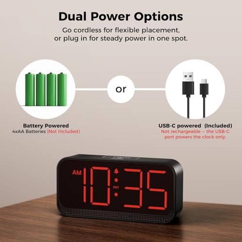 Battery Operated Digital Alarm Clock with Large Red Digits & Auto Dimming