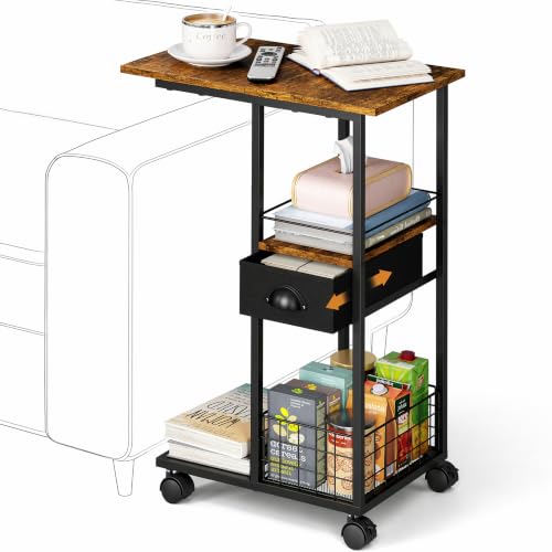 C-Shaped Rolling Side Table with Storage Drawer and Wheels for Living Room