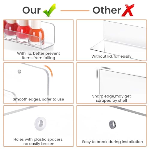 12-Inch Clear Acrylic Floating Shelves - 6-Piece Wall Mount Display Set