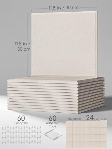 24 Pack Felt Pin Board Tiles, 12x12 Inch Self-Adhesive Bulletin Board Set