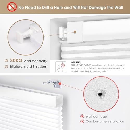 No Drill Cordless Cellular Shades, 22" W x 36" H White Blackout Honeycomb Blinds