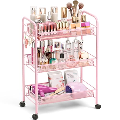 3-Tier Metal Rolling Utility Storage Cart with Wheels & Hooks, Pink