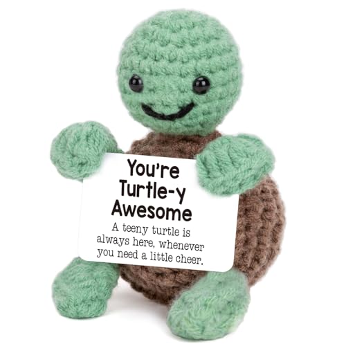 Handmade Crochet Positive Turtle Desk Decor with Encouraging Message Card