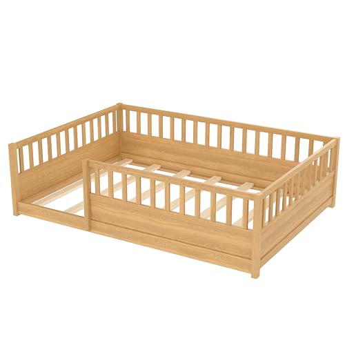 Full Size Montessori Floor Bed Frame with Safety Fence, Solid Wood