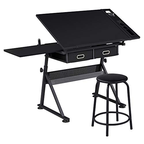 Adjustable Drafting Table and Stool Set with Tilt-Top and Storage Drawers