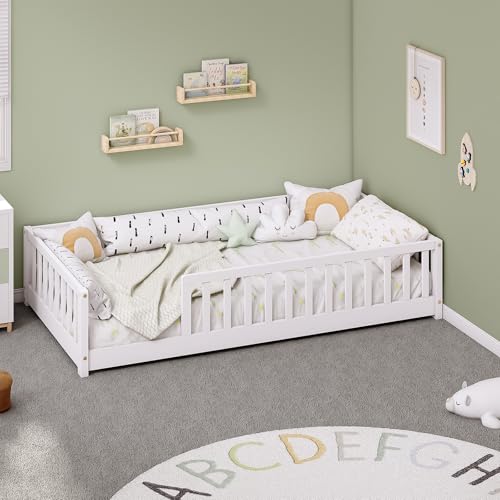 Twin Montessori Floor Bed Frame with Guardrails, Solid Wood Kids Bed