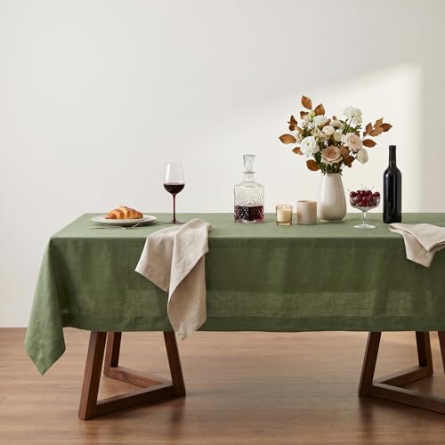 Solino Home 100% Pure Linen Rectangle Tablecloth Oil Green 60 x 90 inches - Elegant Dining Decor