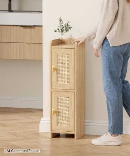 Narrow Rattan Bathroom Storage Cabinet - Slim Toilet Paper Organizer