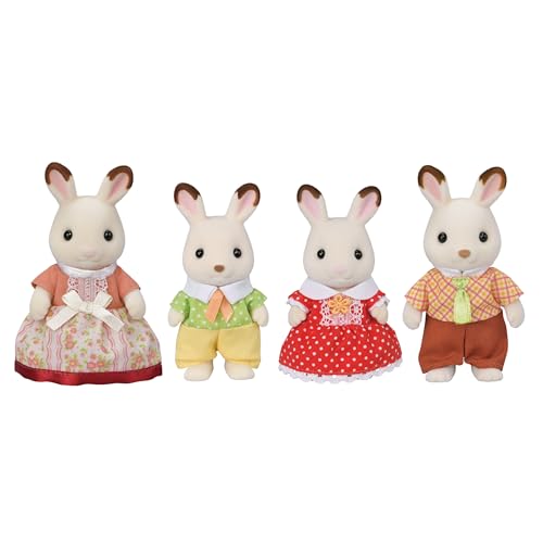 Hopscotch Rabbit Family Set - 4 Poseable Flocked Animal Figures for Dollhouse