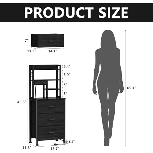 Tall Nightstand with Charging Station, 3 Drawers, Shelves & LED Lights