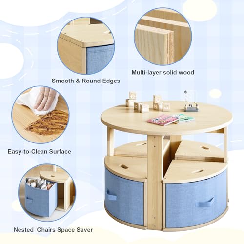 Kids Round Table and Chair Set with Storage Drawers - Wooden Toddler Activity Furniture