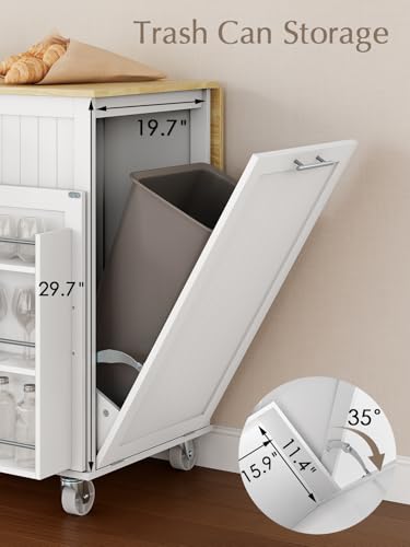 Rolling Kitchen Island with Drop Leaf, Trash Can Storage and Rubberwood Top