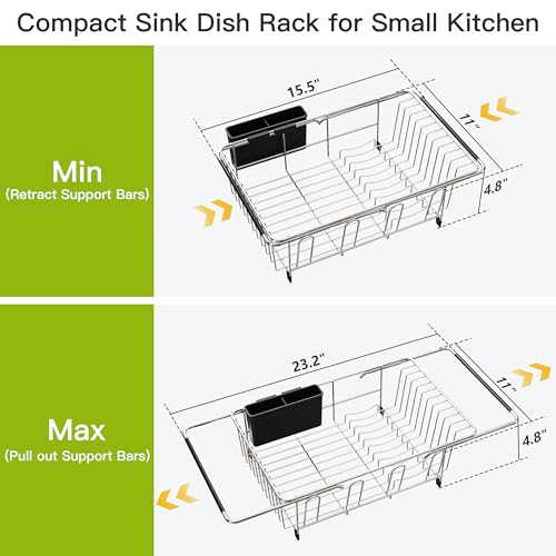 Expandable Stainless Steel Over the Sink Dish Drying Rack with Utensil Holder