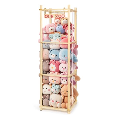 Tall Natural Pine Wood Stuffed Animal Storage Organizer with Elastic Cords
