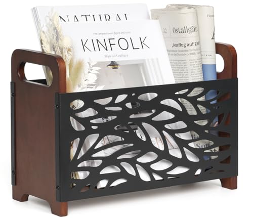 Rustic Wood and Metal Magazine Rack - Farmhouse Style Storage Basket