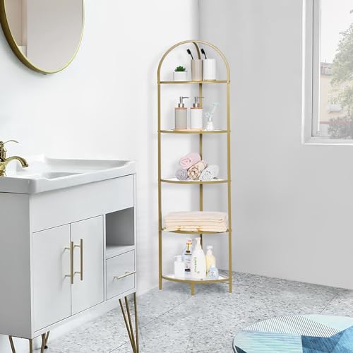 5-Tier Gold Corner Shelf, Modern Metal and Glass Storage Display Stand