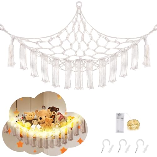 Large Stuffed Animal Hammock Corner Plushie Net with LED Lights