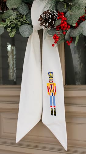 Christmas Nutcracker Embroidered Linen Wreath Sash for Front Door Decor