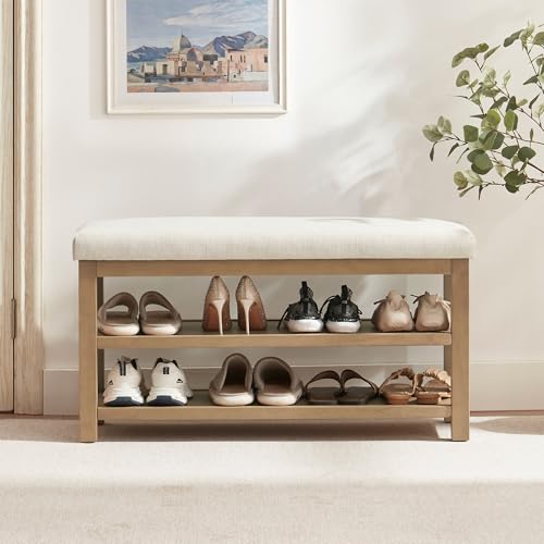 2-Tier Solid Wood Shoe Bench with Linen Cushion - 39.4-Inch Storage Rack