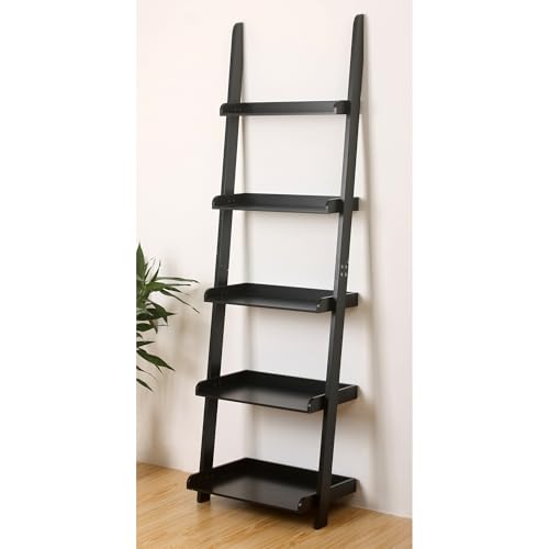 5-Tier Leaning Wall Ladder Bookshelf, 70-Inch Black Storage Organizer