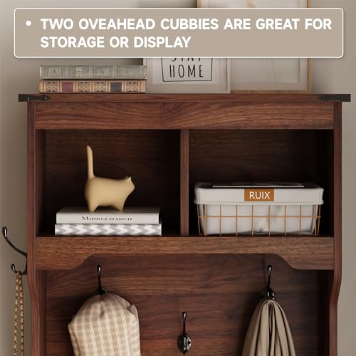 Farmhouse Hall Tree with Shoe Storage Bench, 6 Cubbies & 4 Coat Hooks, Brown
