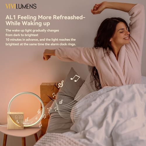 Vivilumens Sunrise Alarm Clock with Sound Machine - Wooden Grain, Dual Alarms, Gentle Wake-Up, USB Charging