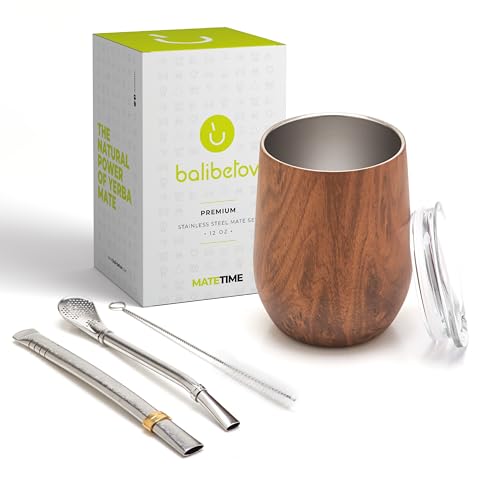 BALIBETOV 12 oz Yerba Mate Set with Ash Wood Cup, Lid, 2 Bombillas & Brush