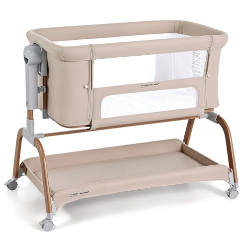 3-in-1 Baby Bassinet Bedside Sleeper & Rocking Crib with Wheels - Khaki