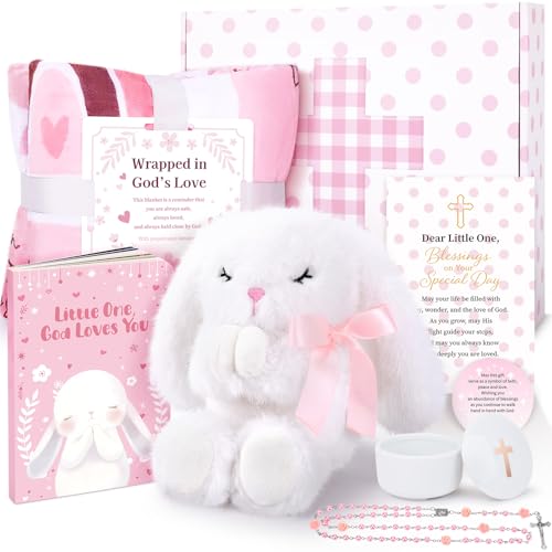 Baby Girl Baptism Gift Basket - First Rosary, Blanket & Bunny Plush Set