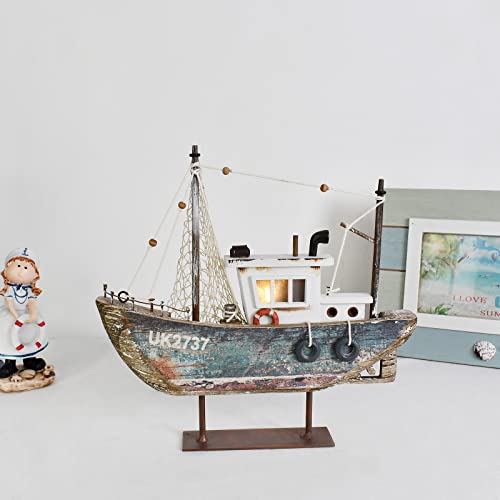 Rustic Wood Sailboat Decor with LED Lights, Nautical Tabletop Ornament