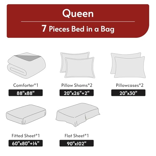 7-Piece Reversible Queen Comforter Set - All Season Bed in a Bag, Red & Black