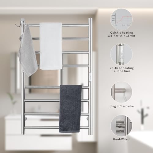 8-Bar Stainless Steel Towel Warmer - Wall-Mounted Plug-in or Hardwired