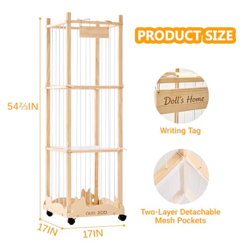 56-Inch Stuffed Animal Storage Zoo Tower with Wheels, Wooden Toy Organizer