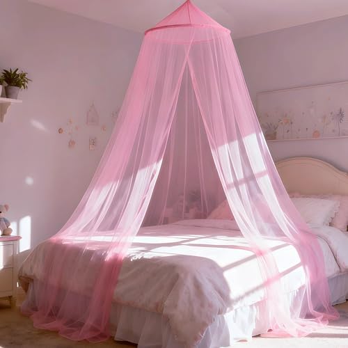 Pink Bed Canopy Curtains for Girls Room - Round Ceiling Dome Mosquito Net