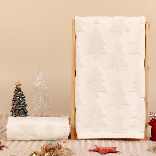 Quera Christmas Tree Beige Hand Towels Set - Holiday Decor, 2 Pack, 13.7" x 29.5"