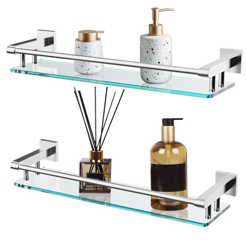 20-Inch Tempered Glass Bathroom Wall Shelf with Brushed Nickel Railing
