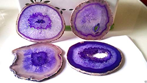 JIC Gem 3.5-4 inch Dyed Purple Agate Coasters Set of 4 Natural Sliced Geode Home Decor