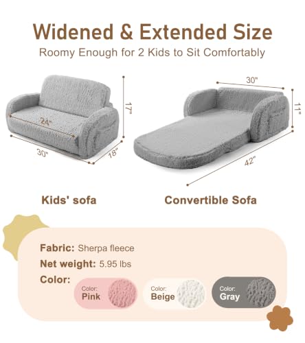2-in-1 Sherpa Fold Out Kids Couch - Convertible Foam Sofa Chair, Gray