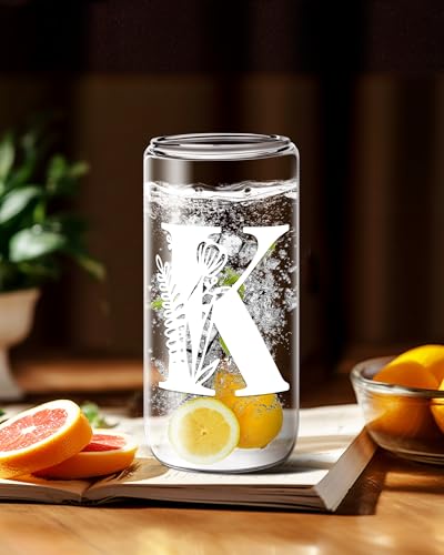 Yekidos Personalized Glass Tumbler with Lid & Straw - Monogram Initial K, Teacher Appreciation Gift, Woman Retirement Present, Work Essentials