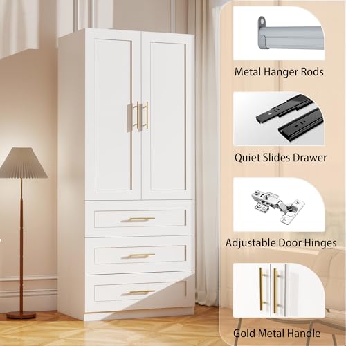 Modern White Wardrobe Closet with 3 Drawers and Hanging Rail