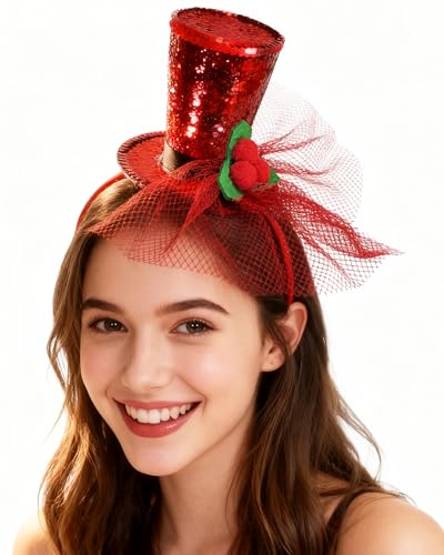 Red Sparkling Mini Top Hat Headband for Christmas & Halloween Parties