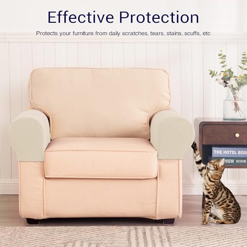 Stretch Couch Armrest Covers Set of 2 - Checkered Sofa Slipcovers, Ivory