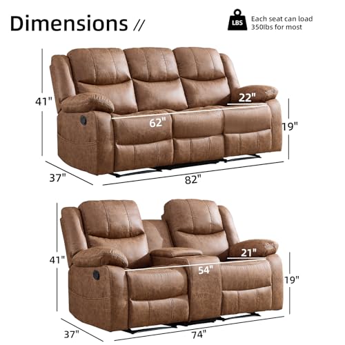 2-Piece Faux Leather Reclining Sofa and Loveseat Set, Brown