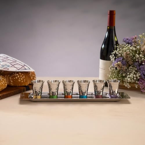 Hammered Nickel Kiddush Cup Set with Matching Tray, 6 Piece Multicolor