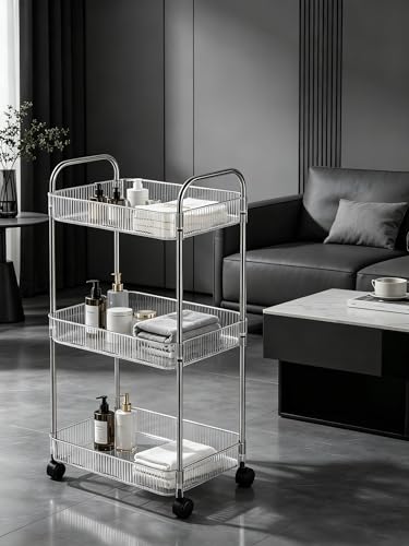 Clear 3-Tier Plastic Rolling Utility Cart with Wheels & Side Hooks