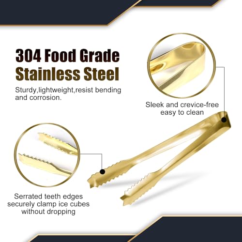 Gold Ice Tongs 7'' Stainless Steel Serving Ice Clamps for Bar & Kitchen
