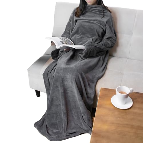 Wearable Fleece Blanket with Sleeves for Adults, Cozy Warm Wrap Throw